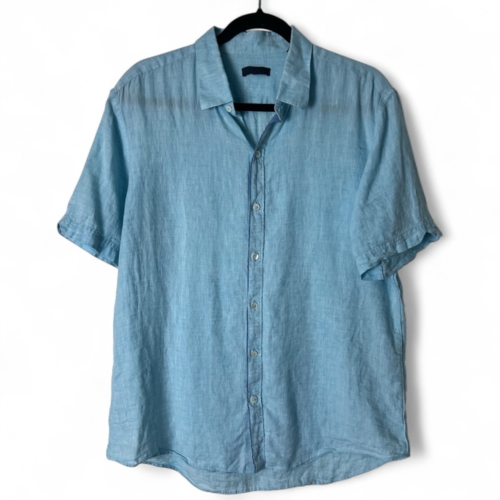 Zachary Prell - Men’s Linen Button Down Short Sleeve Shirt Robins Egg Blue Sz. L